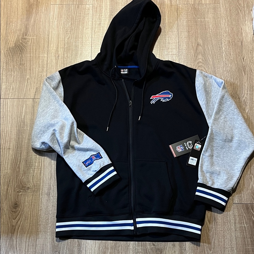 NWT Men’s Buffalo Bills Black and Gray Zipper Hoodie with Patches Size XXL